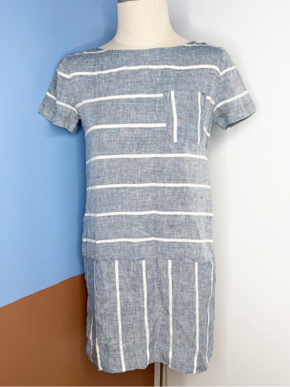 Lou & Grey 100% Linen Blue White Striped Drop-Waist Shift Mini Dress Women's XS